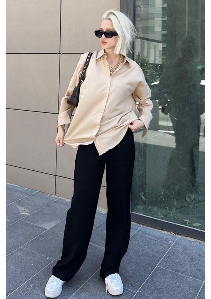 Mad Girls Bej Oversize Gömlek MG1369