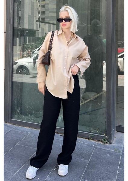 Mad Girls Bej Oversize Gömlek MG1369