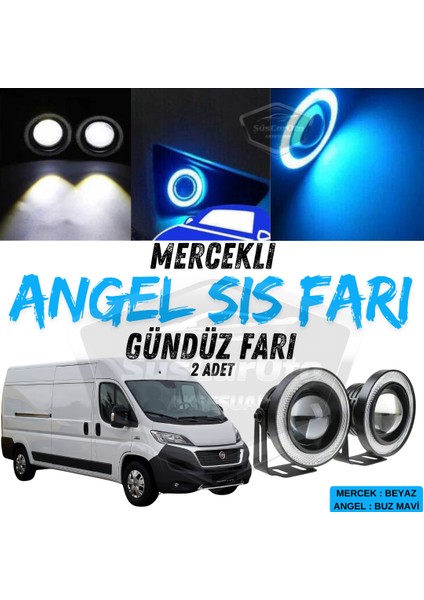 Fiat Ducato Uyumlu Üniversal Mercekli Angel Sis Farı Metal Su Geçirmez 76 mm Buz Mavi Halkalı Gündüz Farı Angel Eyes 2 Adet