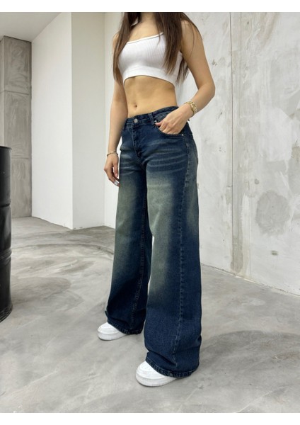 Kadın Bol Kesim Soluk Efekt Straight Fit Baggy Jean