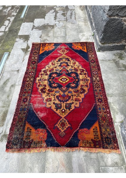 138X217 cm El Dokuma Yün Anadolu Kilim Kırmızı ve Mavi Renkli Büyük Boy Kilim