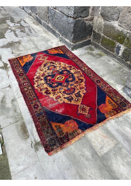 138X217 cm El Dokuma Yün Anadolu Kilim Kırmızı ve Mavi Renkli Büyük Boy Kilim