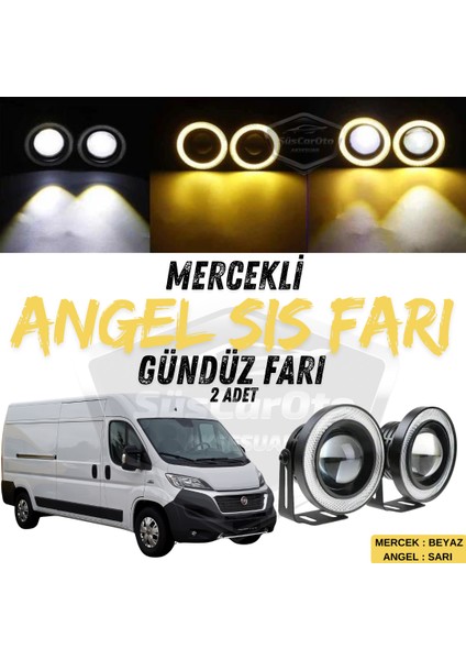 Fiat Ducato Uyumlu Üniversal Mercekli Angel Sis Farı Metal Su Geçirmez 76 mm Sarı Halkalı Gündüz Farı Angel Eyes 2 Adet