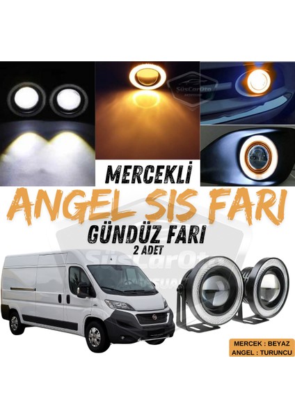 ŞüsCarOto Aksesuar Fiat Ducato Uyumlu Üniversal Mercekli Angel Sis Farı Metal Su Geçirmez 76 mm Turuncu Halkalı Gündüz Farı Angel Eyes 2 Adet