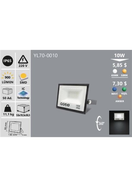 Noas 10W LED Projektör Beyaz YL70-0010