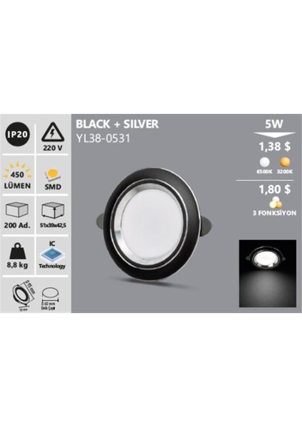YL38-0530 Noas 5 W Black + Sılver LED Spot 3 Renk YL38-0530