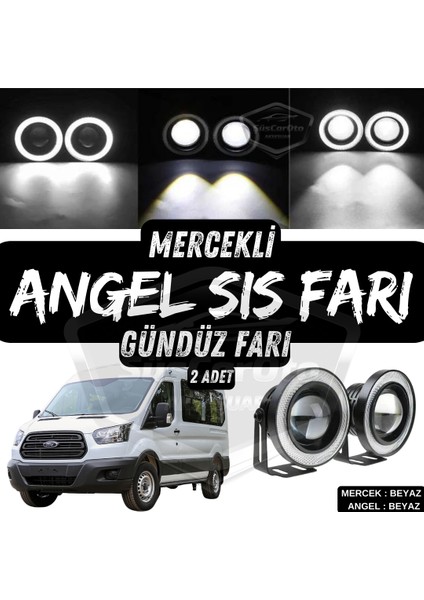 Ford Transit Tüm Modeller Uyumlu Üniversal Mercekli Angel Sis Farı Metal Su Geçirmez 76 mm Beyaz Halkalı Gündüz Farı Angel Eyes 2 Adet