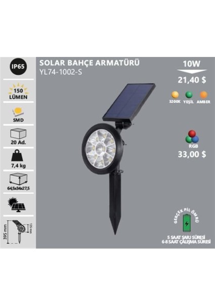 10W Amber LED Solar Kazıklı Bahçe Armatürü