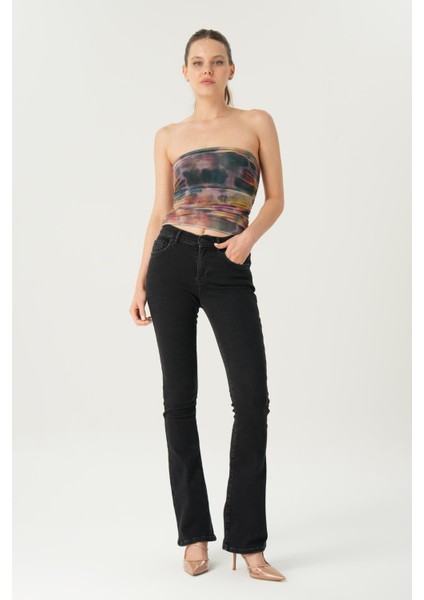 Aurora Siyah Normal Bel Patı Fermuarlı Skinny Flare Jean Pantolon C 4810-006