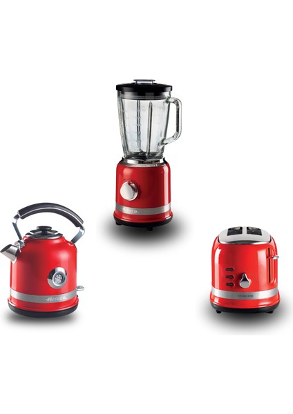 Moderna Kahvaltı Seti Su Isıtıcı Kettle + Smoothie Cam Blender + Ekmek Kızartma Makinesi Seti Kırmızı