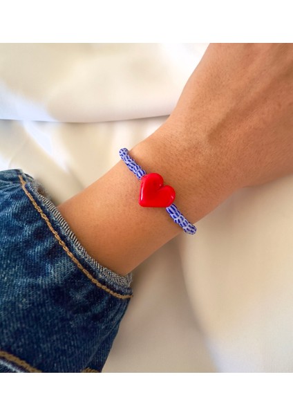 Kırmızı Cam Murano Kalp Mavi Beyaz Çizgili Bileklik