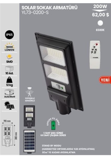 Noas 200W Solarlı Sokak Aydınlatması Kumandalı