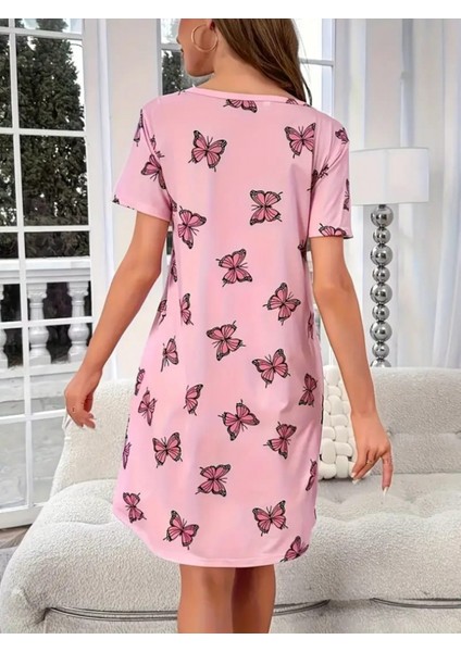 Kadın Kısa Kollu Kelebek Baskılı Süpremmini Elbise modelleri