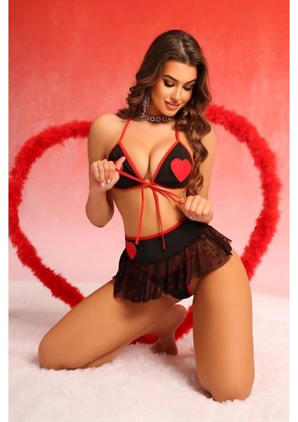 Özel Tasarım Transparan Ince Tül Dantel Siyah Kalp Desenli Slip Etekli Iç Çamaşır Takımı - Siyah - S/m