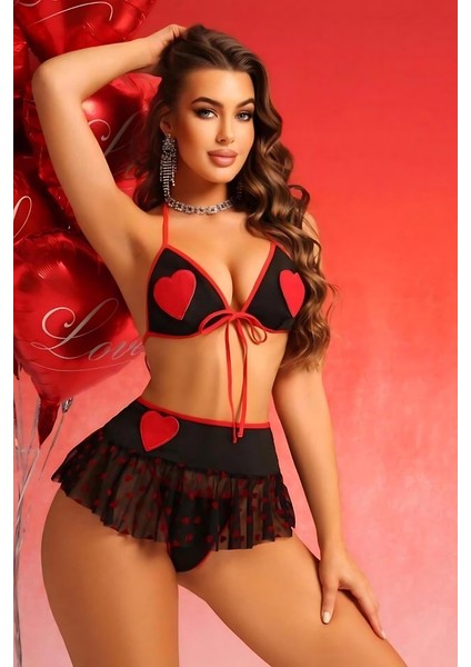 Özel Tasarım Transparan Ince Tül Dantel Siyah Kalp Desenli Slip Etekli Iç Çamaşır Takımı - Siyah - S/m modelleri