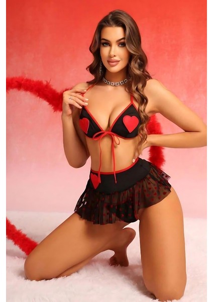 Özel Tasarım Transparan Ince Tül Dantel Siyah Kalp Desenli Slip Etekli Iç Çamaşır Takımı - Siyah - S/m fırsatları