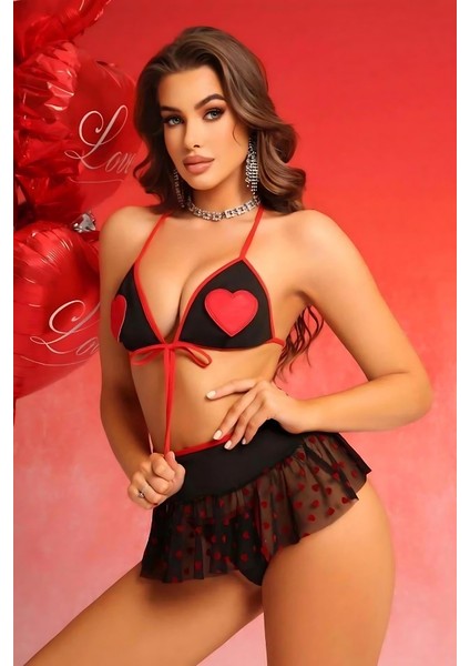 Özel Tasarım Transparan Ince Tül Dantel Siyah Kalp Desenli Slip Etekli Iç Çamaşır Takımı - Siyah - S/m indirimleri