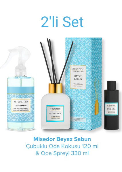 2 Li Set Beyaz Sabun Çubuklu Oda Kokusu 120 ml & Oda Spreyi 330 ml