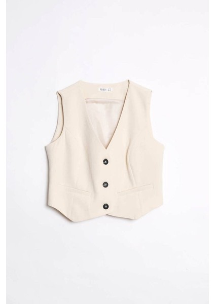 Kaylee V Yaka Düğmeli Crop Yelek Taş
