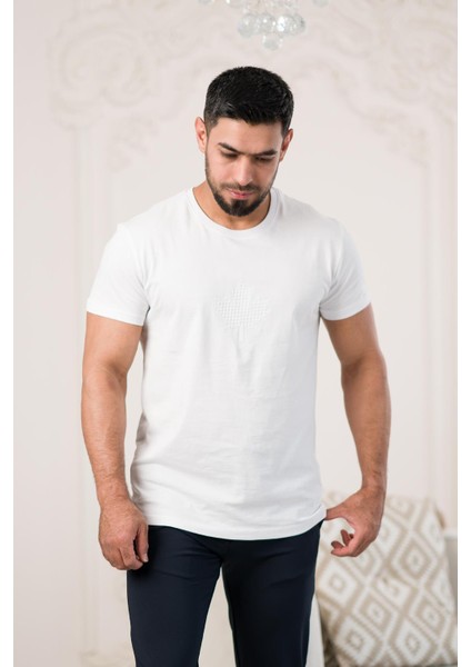 Bisiklet Yaka Önü Baskılı Pamuklu Basic Regular Fit T-Shirt