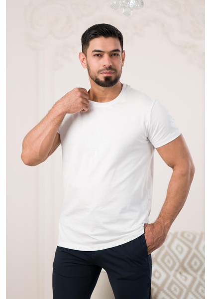 Bisiklet Yaka Önü Baskılı Pamuklu Basic Regular Fit T-Shirt