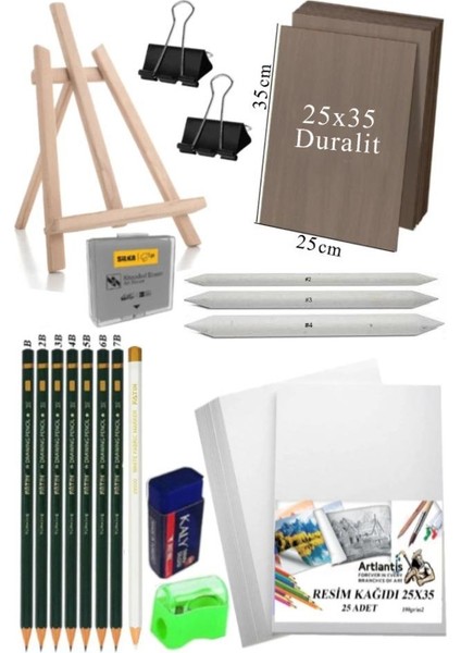 Karakalem Eskiz Çizim Masa Üstü Şövale Duralit Seti 25X35 cm Pastel Dağıtıcı Dereceli Kalem Hamur Silgi Beyaz Kurşun Kalem