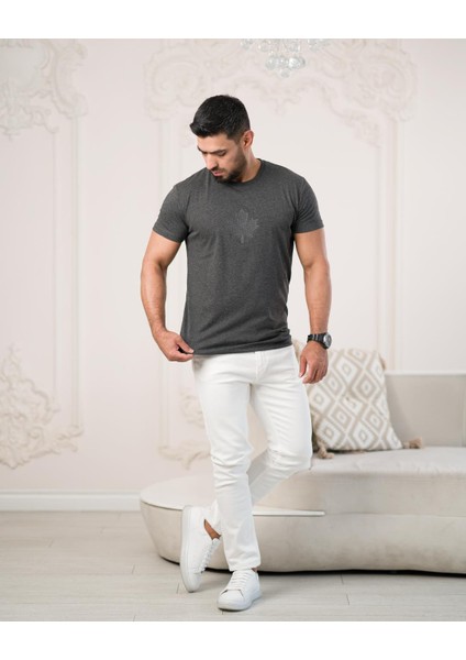Bisiklet Yaka Önü Baskılı Pamuklu Basic Regular Fit T-Shirt