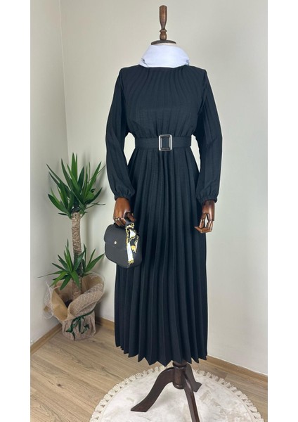 Kadın Bisiklet Yaka,kolu Lastikli ve Kemerli Şık Piliseli Keten Elbise