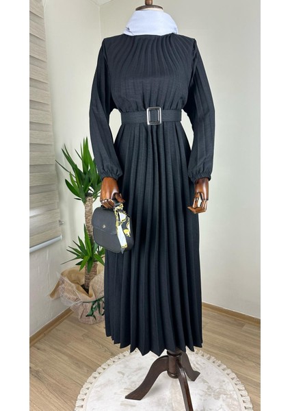 Kadın Bisiklet Yaka,kolu Lastikli ve Kemerli Şık Piliseli Keten Elbise modelleri