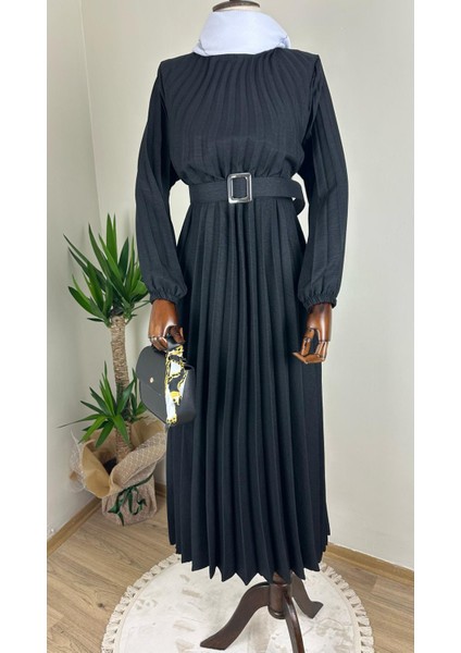 Kadın Bisiklet Yaka,kolu Lastikli ve Kemerli Şık Piliseli Keten Elbise fırsatları