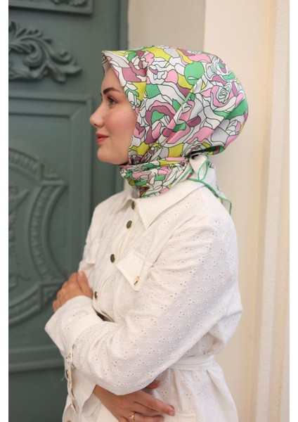 Beyaz Yeşil Tivil Ipek Eşarp 11434-23 Çiçek Desen