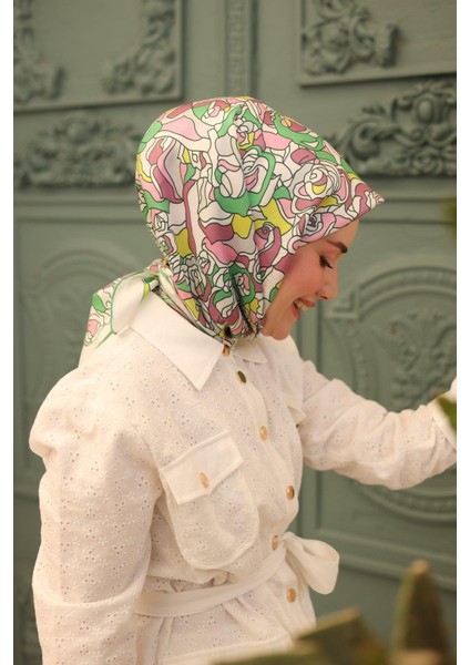 Beyaz Yeşil Tivil Ipek Eşarp 11434-23 Çiçek Desen