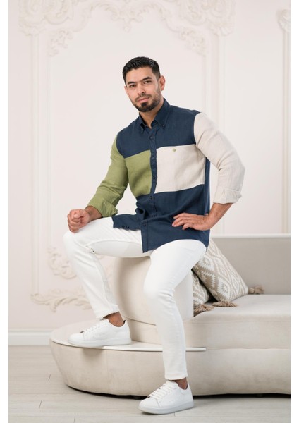 Parça Desenli Regular Fit Ham Keten Yazlık Gömlek