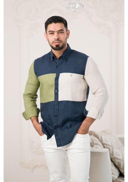 Parça Desenli Regular Fit Ham Keten Yazlık Gömlek