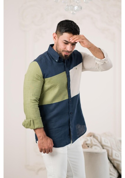 Parça Desenli Regular Fit Ham Keten Yazlık Gömlek