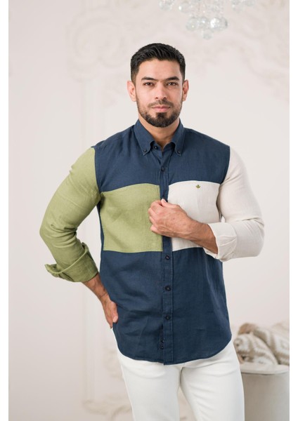 Parça Desenli Regular Fit Ham Keten Yazlık Gömlek