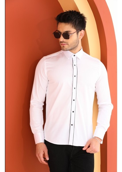 Damatlık Beyaz Double Manşet Özel Kol Düğmeli Slim Fit Dar Kesim Erkek Gömlek