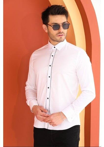Damatlık Beyaz Double Manşet Özel Kol Düğmeli Slim Fit Dar Kesim Erkek Gömlek fiyatları