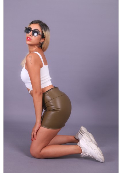 Deri Spor Şort Yüksel Bel