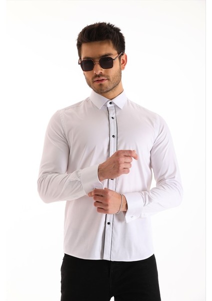 Damatlık Beyaz Double Manşet Özel Kol Düğmeli Slim Fit Dar Kesim Erkek Gömlek modelleri