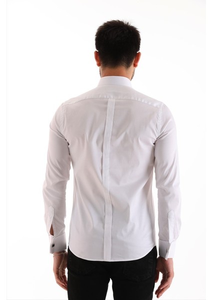 Damatlık Beyaz Double Manşet Özel Kol Düğmeli Slim Fit Dar Kesim Erkek Gömlek indirimleri