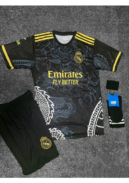 Real Madrid 2024/25 Yeni Sezon Vini Jr Dragon Desenli Çocuk Forması 3'lü Set (Black)