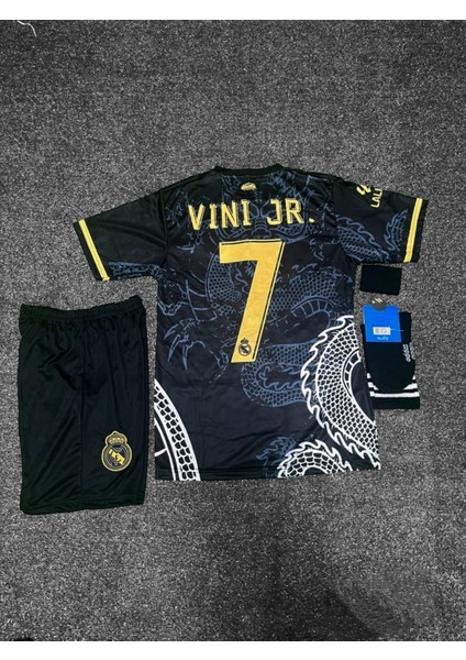 Real Madrid 2024/25 Yeni Sezon Vini Jr Dragon Desenli Çocuk Forması 3'lü Set (Black)