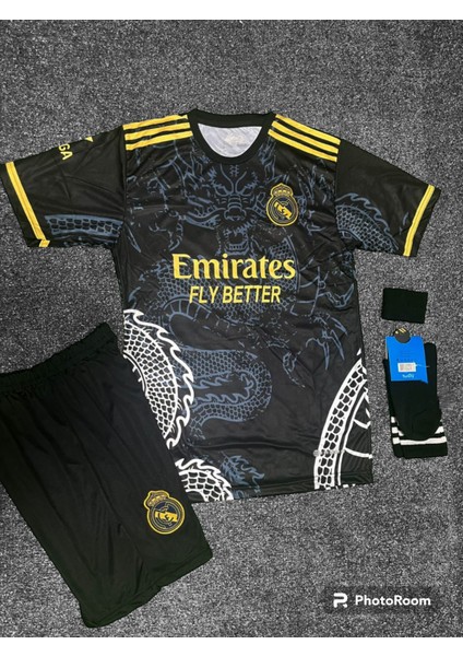 Real Madrid 2024/25 Yeni Sezon Vini Jr Dragon Desenli Çocuk Forması 3'lü Set (Black)