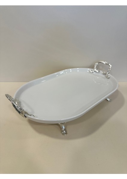 Porselen Oval Pirinç Ayak ve Kulplu Sunum Tabağı