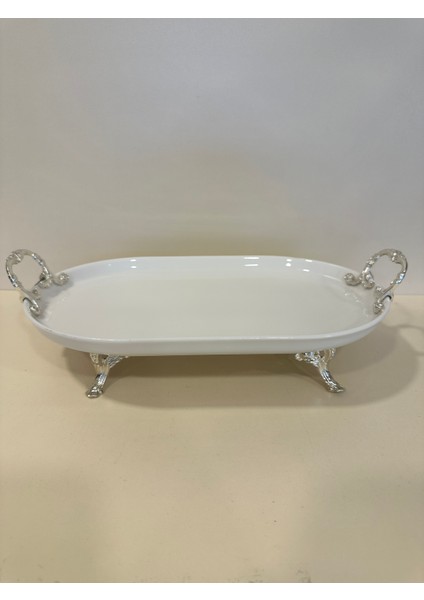 Porselen Oval Pirinç Ayak ve Kulplu Sunum Tabağı