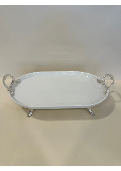 Porselen Oval Pirinç Ayak ve Kulplu Sunum Tabağı