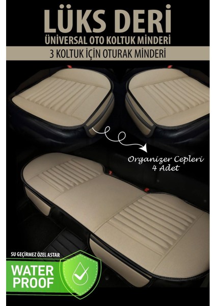 Deri Bej Oto Koltuk Minderi 3'lü Oturak- Su Geçirmez fiyatları