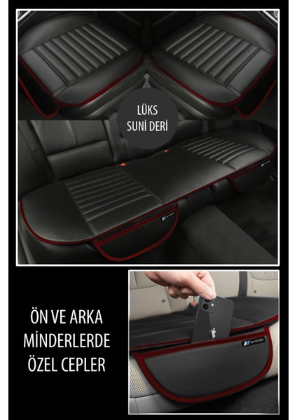 Deri Oto Koltuk Minderi 3'lü Oturak - Ön Arka Araba Koltuk Minder Örtüsü - Su Geçirmez