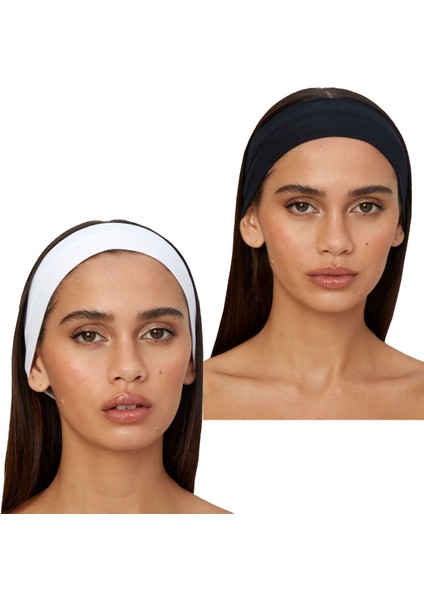 2'li Pamuklu Esnek Yoga Bandana Koşu Bandı Saç Bantları Gym Pilates Saç Bandı - Makyaj Yüz Yıkama Saç Aksesuarları - Sporcu Saç Bandı Seti Siyah & Beyaz